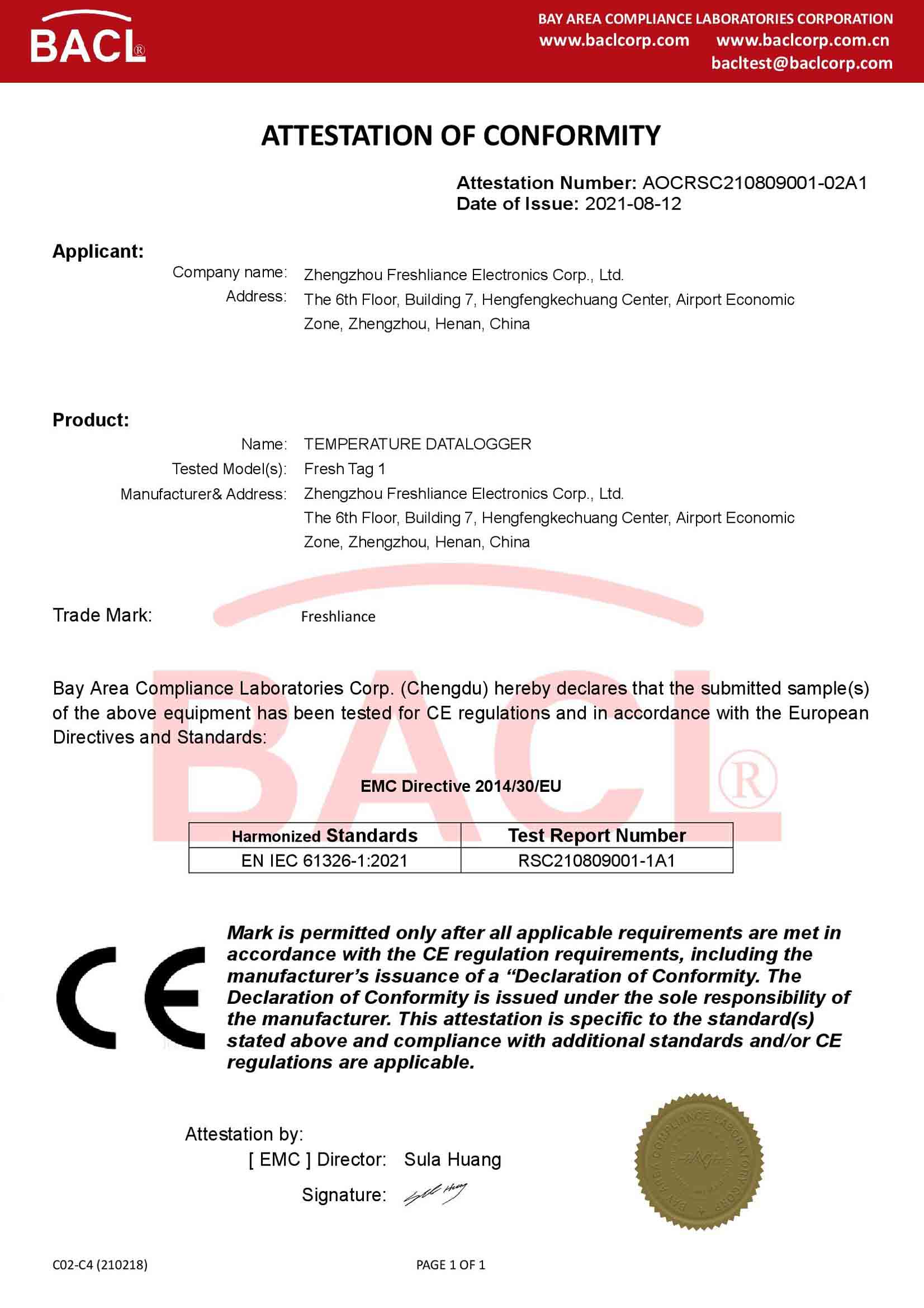 Fresh tag 1 CE certificate
