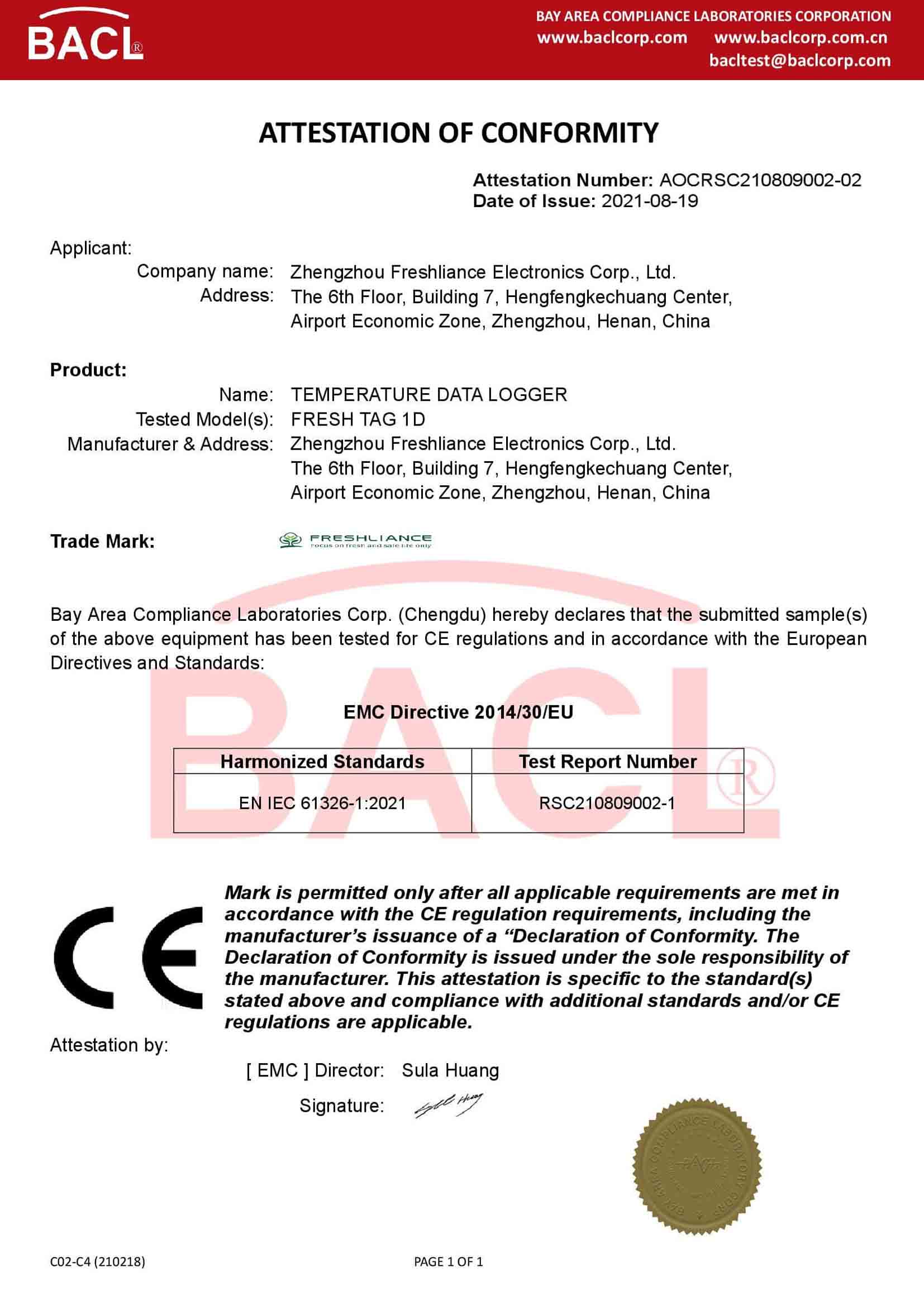 Fresh tag 1D CE certificate