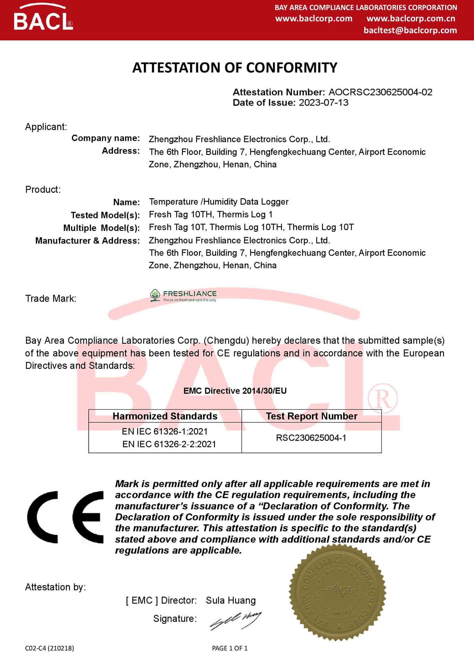 Fresh Tag 10 CE certificate